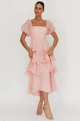 Giavana Puff Sleeve Layered Maxi Dress Baby Pink